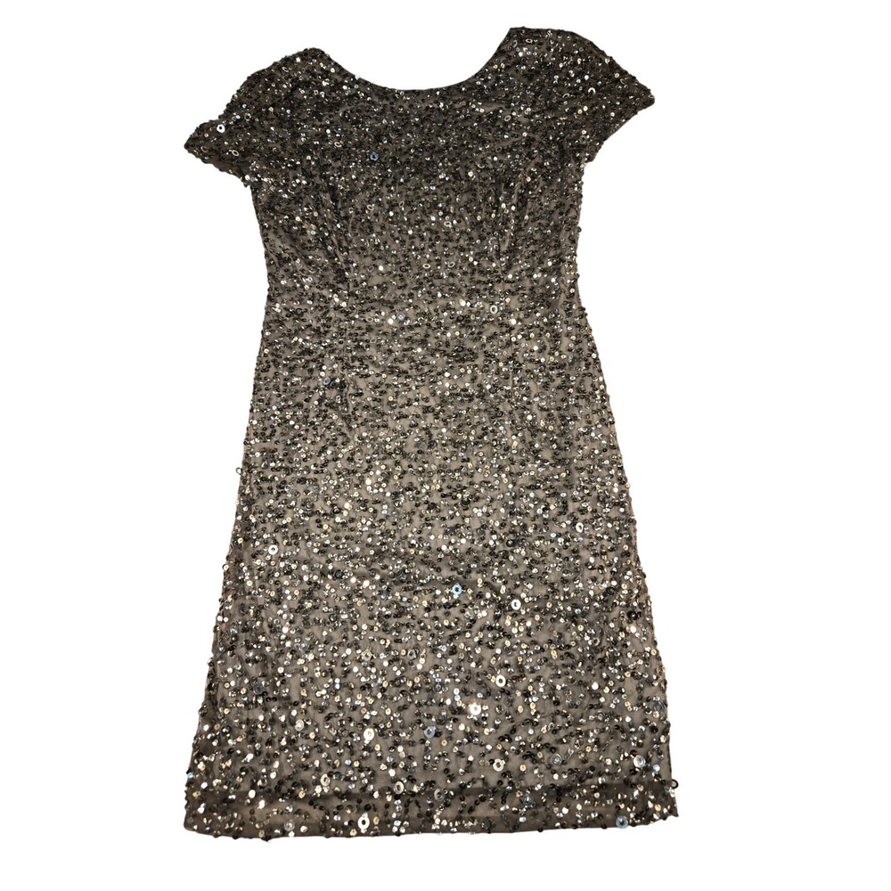 Adrianna Papell Womens Silver Sequin Mesh Sheath Cocktail Dress 041900220 Sz. 10